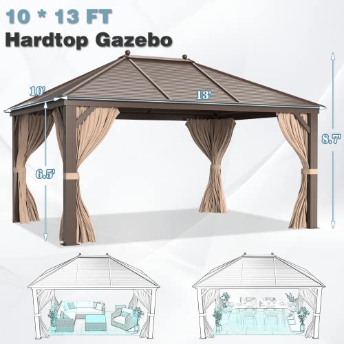 MELLCOM 12'x16' Hardtop Gazebo, Galvanized Steel Metal Double Roof Canopy with Curtains and Netting, Brown Permanent Pavilion Gazebos with Aluminum Frame for Garden, Patio, Lawns, Deck