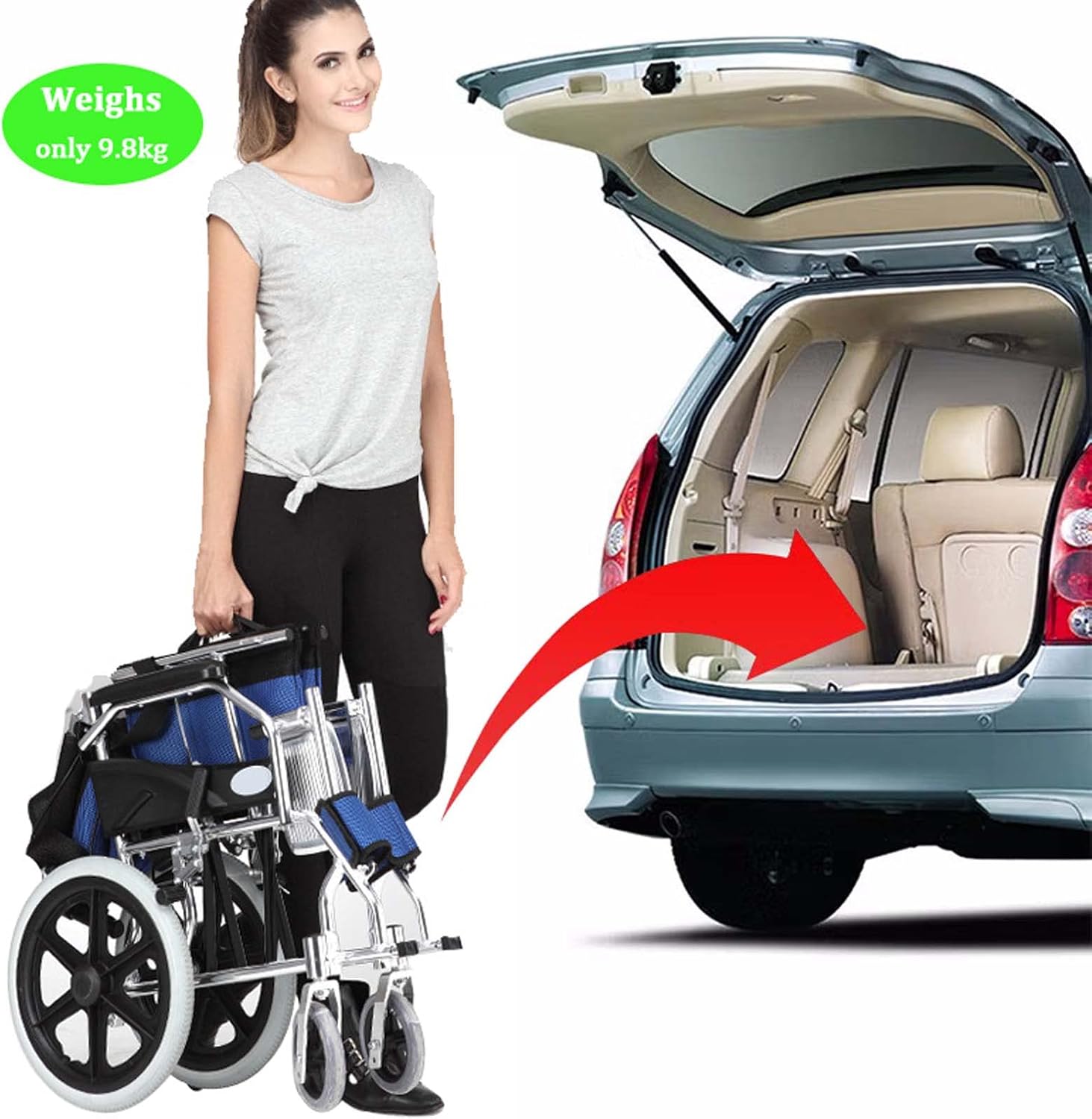Lightweight Transport Wheelchair with Handbrakes, Folding Transport Chair for Adults with Swing-Away Footrest,Foldable Wheel Chair and Lightweight Folding Wheelchair for Storage and Travel,16 in Rear