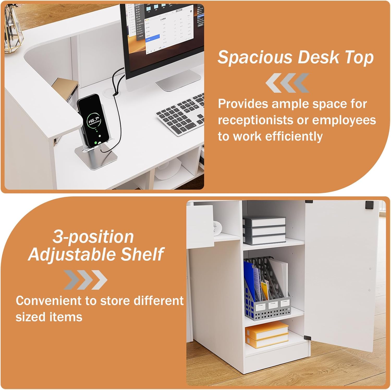 PAKASEPT 63 Inches Reception Desk, Front Desk with RGB LED Lights, Modern Reception Desk with Counter & Lockable Drawer & Open Shelves, Large Counter Table for Office Hotels, Flower Clothing Shops