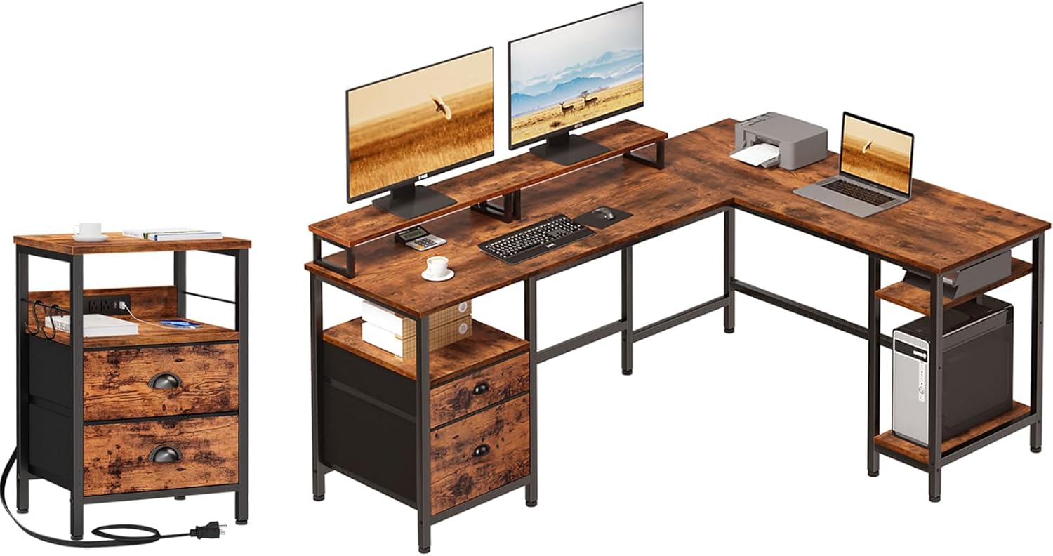 Furologee 66" L Shaped Computer Desk and Nightstand, Corner Gaming Desk with File Drawer and Dual Monitor Stand, End Table with Charging Station and Drawers, for Home/Office