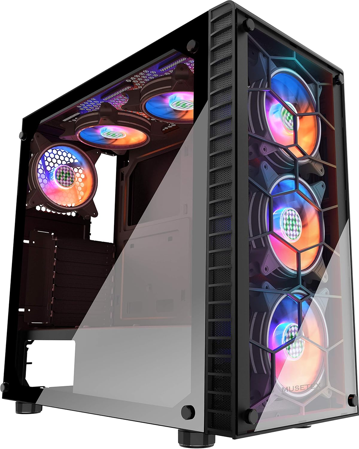 MUSETEX MATX (Micro-ATX) PC Case with 2pcs ARGB Fans Type-C Port USB 3.0 Airflow Mid Tower Mesh Front Panel Tempered Glass Side Door Mini ITX Computer Gaming Cases (Y3-N2-BW)