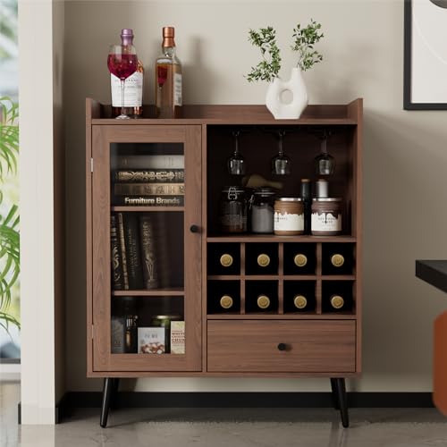 Cozy Castle Coffee Bar Cabinet with Storage, Mid-Century Modern Buffet Sideboard with Acrylic Door, Small Wood Storage Cabinet with Adjustable Shelves, Cupboard for Kitchen, Dining Room, Brown