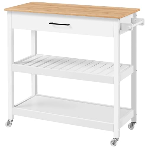 Yaheetech Kitchen Island Cart on Wheels with Bamboo Tabletop, 3-Tier Rolling Kitchen Island Microwave Cart with Drawer, Detachable Towel, 3 Hooks, 17" D x 37.5" W, White