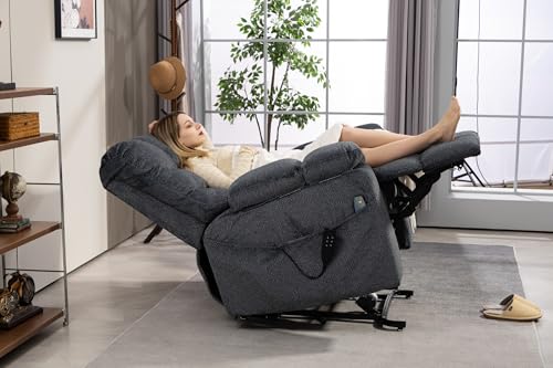 Light Grey Recliner Chair for Elderly | Tall and Big Man 400lbs | Chenille | Power Lift, Lay Flat, Stand Up, Wireless Charging Device, Extended Footrest, Massage Heat, Cup Holder, Lumbar Pillow