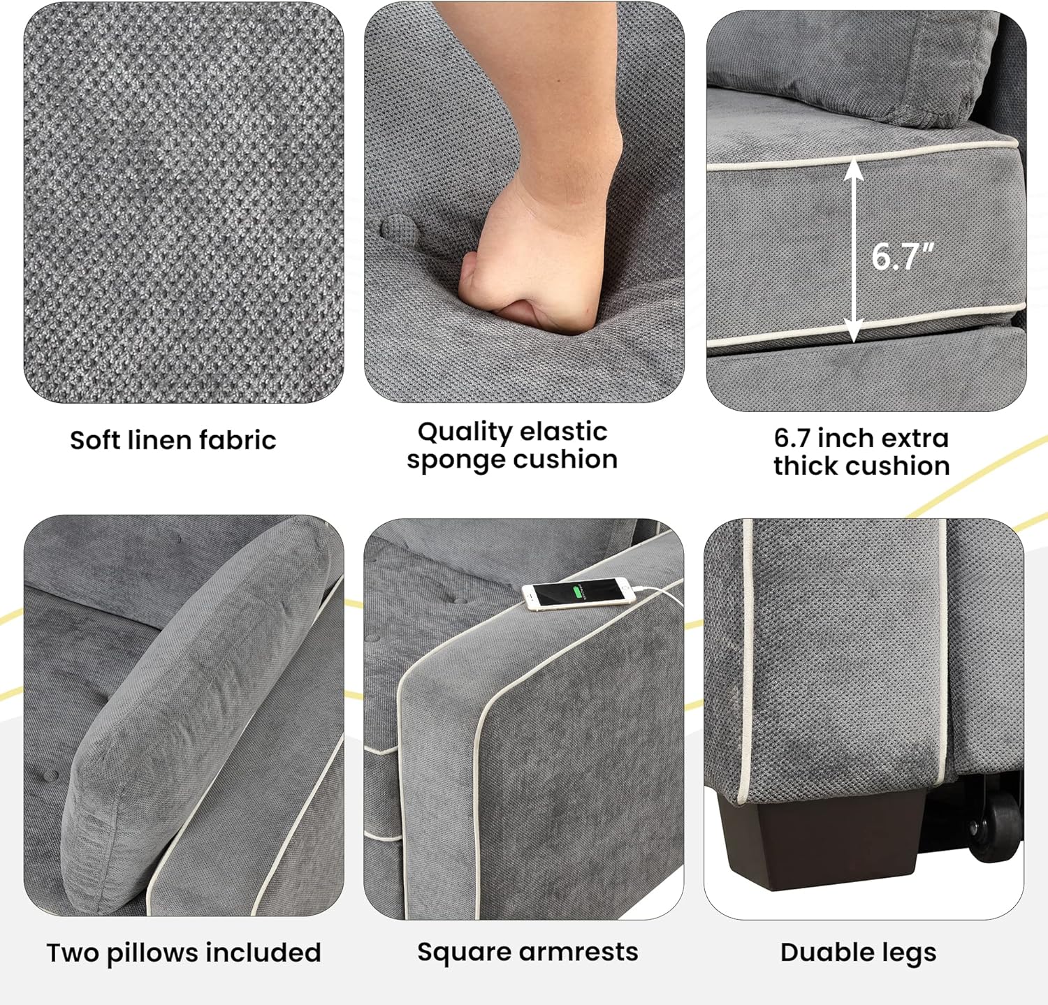 3 in 1 Multi-Functional Pull Out Sofa Bed , Linen Upholstered Convertible Sleeper Loveseat Couch Guest Daybed with Adjustable Backrest and Dual USB Charging Port for Living Room Office RV Furniture