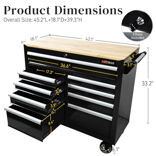 Heavy Duty Rolling Tool Chest with 9-Drawer Wood Top Tool Cart Mechanic Tool Box with Wheels Tool Storage Cabinet Mobile Workbench Tool Bench for Garage, Warehouse, Workshop, Repair Shop (Black)