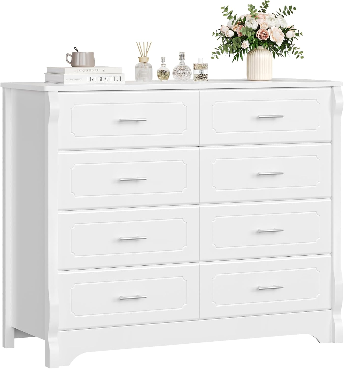 HITHOS 8 Drawer Dresser for Bedroom, White Dresser, 47" Wood Dresser & Chest of Drawers, Modern Double Storage Dresser Cabinet with Deep Drawers | Metal Handles for Living Room, Hallway, Entryway
