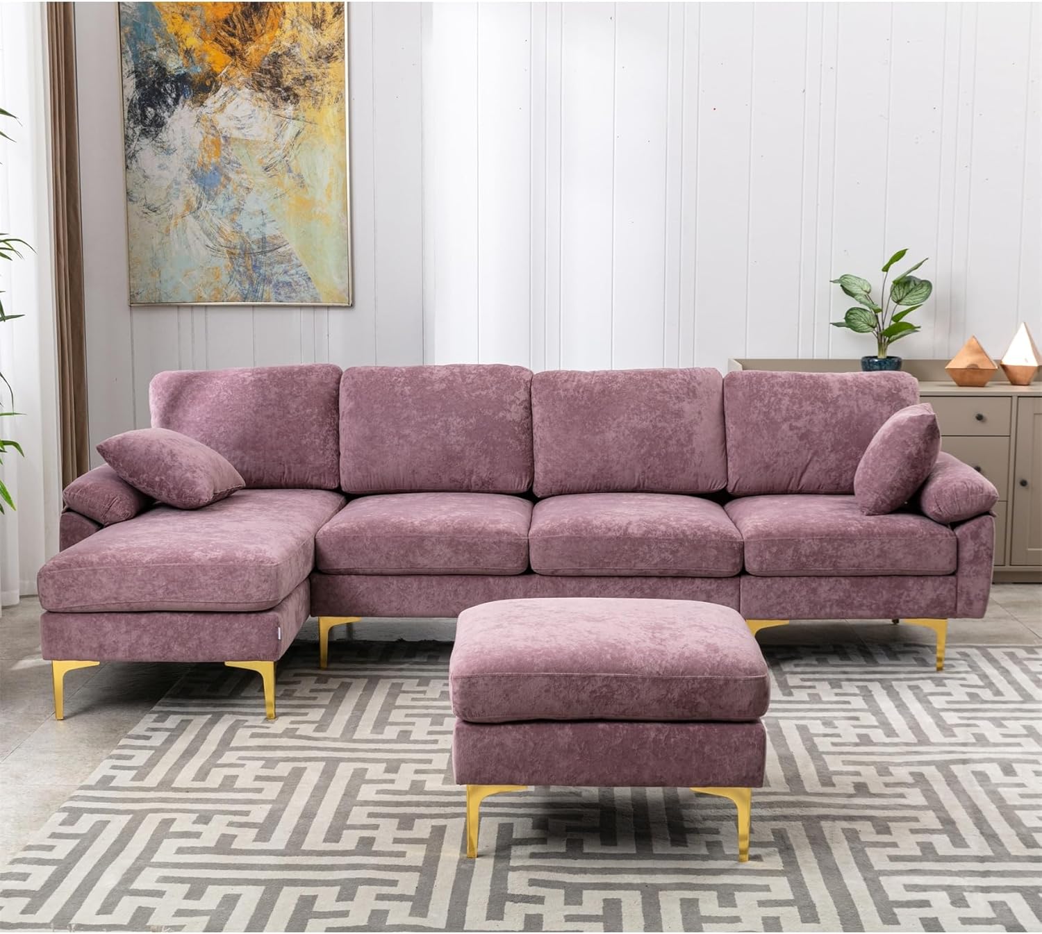 Living Room Accent Sectional Sofa Purple Modern Contemporary Solid U-Shape Polyester