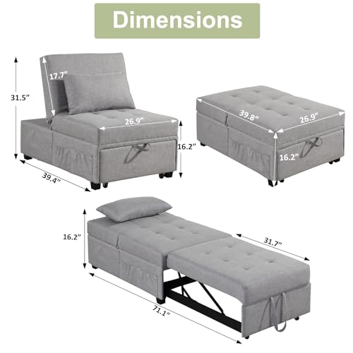 Sofa Bed Chair, 4 in 1 Convertible Sleeper Chair Bed Ottoman, Linen Fabric Pull Out Sofa Bed with Adjustable Backrest & Pillow, Single Recliner Chair for Small Space, Living Room