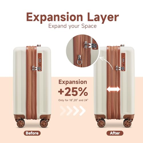 imiomo Luggage Sets 4 Piece Expandable Luggage Set, Hardside Carry on Suitcase with USB Port Cup Holder, Travel Luggage Suitcase with Spinner Wheels TSA Lock, Black Brown