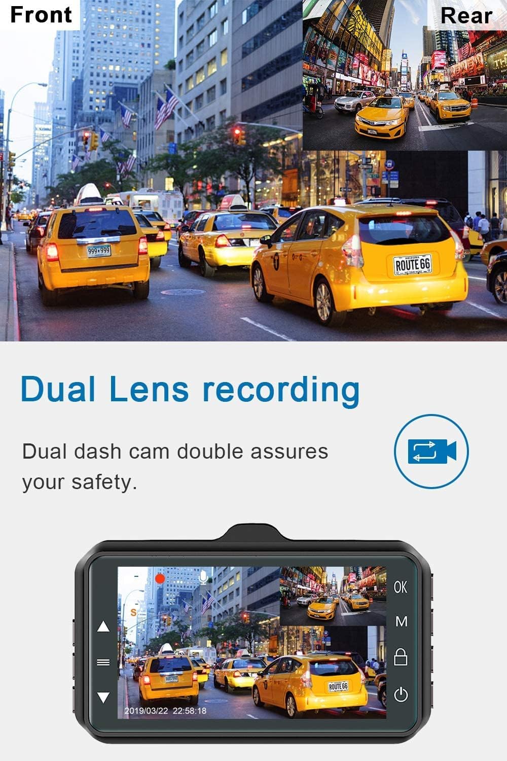 Dash Cam Front and Rear CHORTAU Dual Dash Cam 3 inch Dashboard Camera Full HD 170�� Wide Angle Backup Camera with Night Vision WDR G-Sensor Parking Monitor Loop Recording Motion Detection Pack of 2