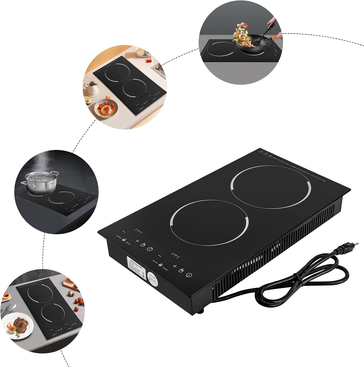 Electric Cooktop 2 Burner, Portable Induction Cooker with Burner Independent Control, Ultrathin Body,9 gears Temperature, 1200W+1100W-Multiple Power Levels, 110V-120V (Suitable for Pot 10.24in)