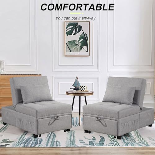 Sofa Bed Chair, 4 in 1 Convertible Sleeper Chair Bed Ottoman, Linen Fabric Pull Out Sofa Bed with Adjustable Backrest & Pillow, Single Recliner Chair for Small Space, Living Room