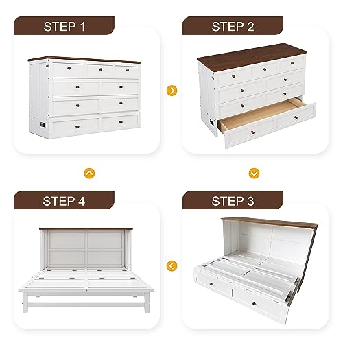 Full Murphy Bed, Full Murphy Cabinet Bed with Storage Drawers, Murphy Bed with Charging Station, Wood Murphy Bed Cabinet Bed, Murphy Bed Chest Murphy Bed Frame Wall Bed for Guest Bedroom, White+Walnut