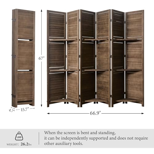 Room Divider with Shelves, 5.6 Ft Tall Folding Wood Screen with Double Hinges for Home Office Bedroom Hotel Decoration (6 Panels, Brown)