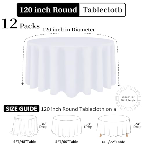 12 Pack White Round Tablecloth 120 Inch White Table Cloth Stain and Wrinkle Resistant Round White Tablecloths Reusable and Washable Polyester Fabric Table Covers for Buffet Wedding Party and Banquet