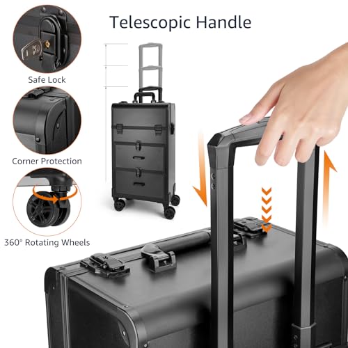 Yokilly Rolling Makeup Train Case, Professional Cosmetology Case on Wheels, Aluminum Cosmetic Trolley Travelling Cart Trunk with Swivel Wheels, Sliding Drawer & Keys for Nail Technician Stylist(Black)
