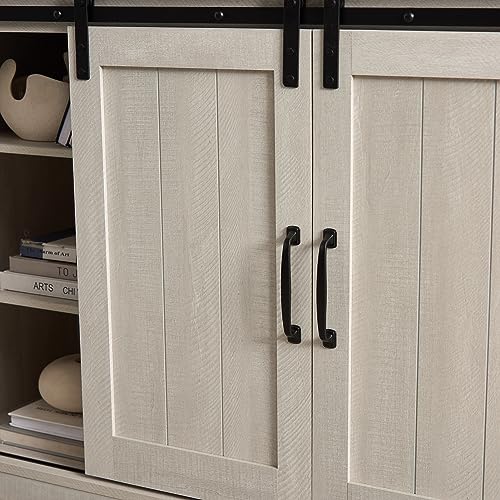 Farmhouse TV Stand with Sliding Barn Doors, Wood Entertainment Center with Media Console Storage Cabinet & Open Storage Space, for TV Up to 60", Television Stand for Living Room, Light Gray