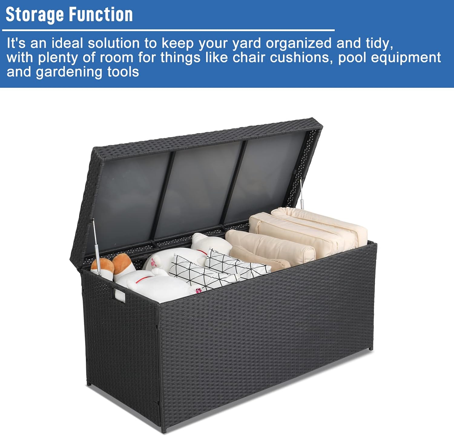 132 Gallon Large Deck Box - PE Rattan Indoor Outdoor Storage Box - Wicker Storage Basket with Lid - Deck Bin with Handle - Weather Resistant Storage Container for Toys, Blanket, Yard Tools - Black