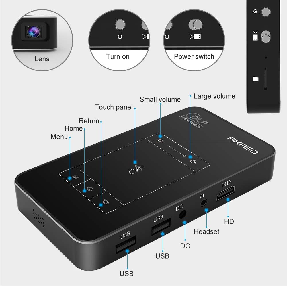 AKASO WT50 Mini Pocket Pico Projector, 1080P Movie Video DLP Portable Projector with Android OS, Built-in Battery WiFi & Bluetooth, Projector for Cookie Decorating, Connects to iPhone and Android