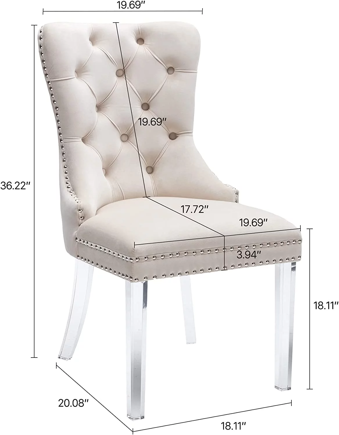 Velvet Dining Chairs Set of 2, Upholstered High-end Tufted Dining Room Chair with Nailhead Back Ring Pull Trim Solid Acrylic Legs,  Nikki Collection Modern Style for Kitchen, Beige
