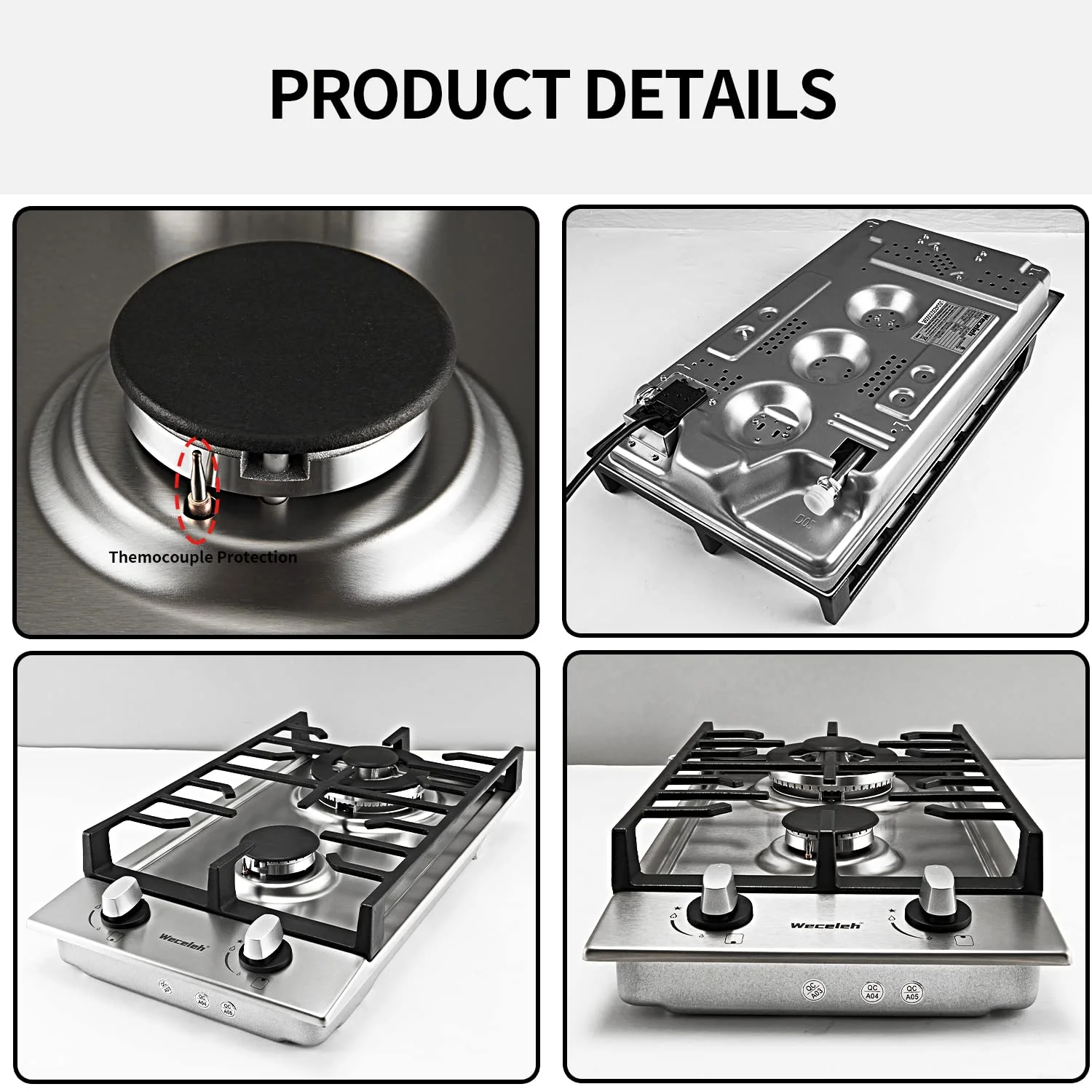 12" Dual Fuel 2 Burner Cooktop with Dual Size Power Burner,Stainless Steel Gas Stove