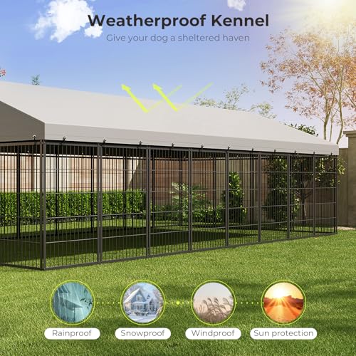 10X19FT Large Dog Kennel Outside with Feeding, Heavy Duty Outdoor Dog Run Cage with Cover & Lock, Outdoor Pet Enclosure Fence for Yard with Roof