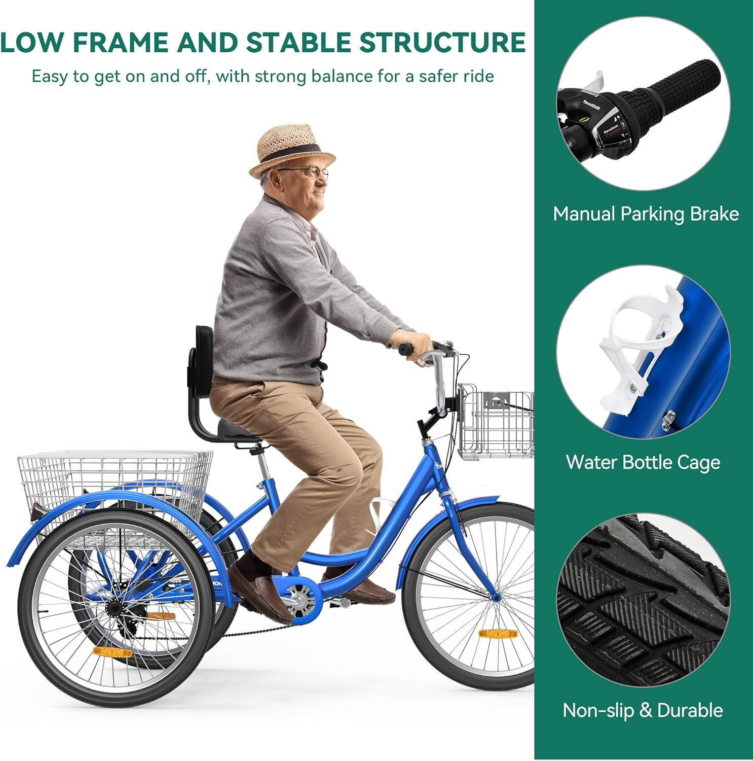 YITAHOME Adult Tricycle, 26 Inch 3 Wheel Bikes, 7 Speed Trike Bike with Shifting for Adults with Removable Baskets, Cruiser Bike for Seniors Women Men Shopping Picnic Outdoor Sports, Blue