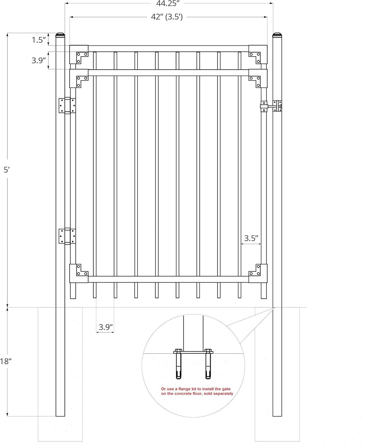 XCEL Fence: Black Steel Anti-Rust Gate, Flat End Top Pickets, Close Bottom Cross Rail or Option to Flip- 4ft W x 5ft H - DIY Installation Kit, for Outdoor, Yard, Pario, Entry Way, on Soil or Concrete.