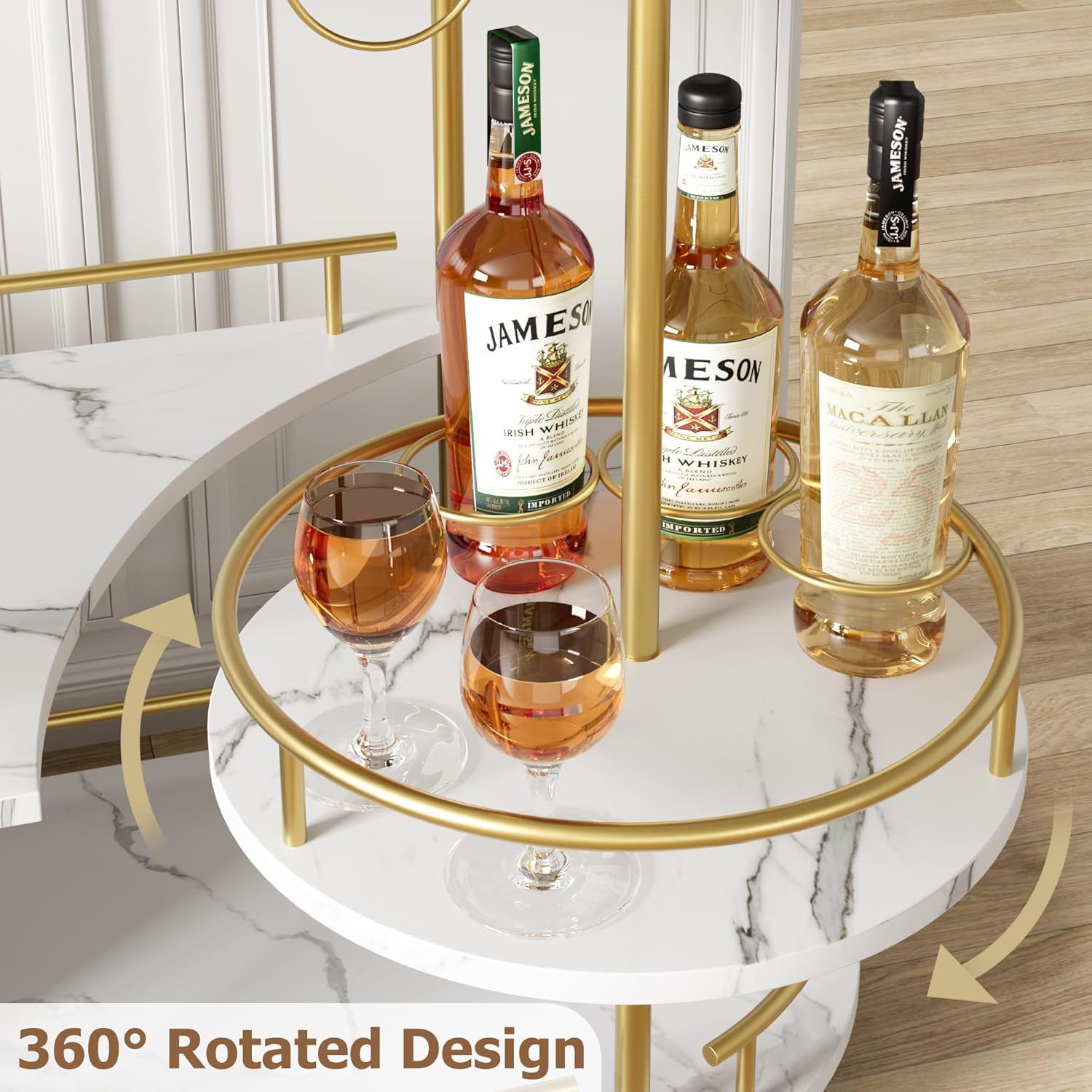GAOMON Gold Bar Cart, 3 Tier Bar Cart with Wheels, Gold Rotating Bar Cart with Wheels and Handle, Serving Cart with Wine Rack and Glass Holder for Kichen, Living Room, Dining Room