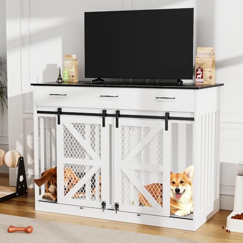 48'' Dog Crate Furniture with Removable Divider & Storage Drawers, Wooden Double Dog Cage TV Stand with 2 Sliding Barn Doors, Multi-Functional Dog Crate End Table for Indoor use (White)