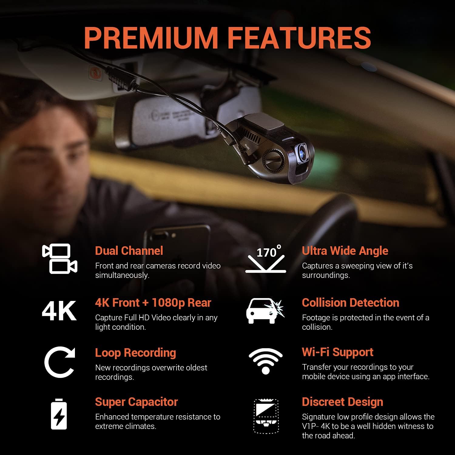Rexing V1P 4K 2.4" LCD 2160p Front + 1080p Rear Wi-Fi 170° Wide Angle Dual Channel Dashboard Camera Recorder Car Dash Cam with Rear Cam, G-Sensor, WDR, Loop Recording Mobile App Supercapacitor （2021）