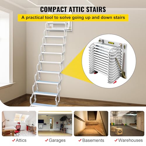 VEVOR Attic Steps Pull Down 12 Steps Attic Stairs, Alloy Attic Access Ladder, Blue Pulldown Attic Stairs, Wall-mounted Folding Stairs for Attic, Retractable Attic Ladder with Armrests, 9.8 feet Height