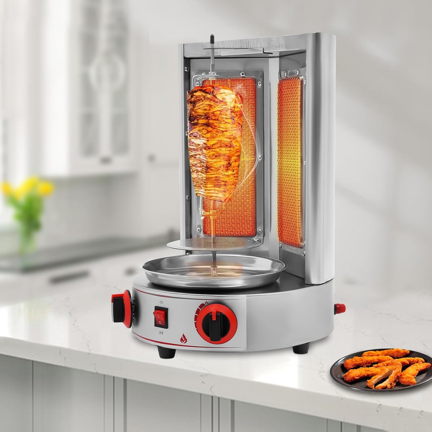Shawarma Grill Machine 3000W Gas Vertical Broiler Gyro Rotisserie Oven Doner Kebab Machine 110V Stainless Countertop Rotisserie Grill with 2 Burners for Restaurant Home Garden