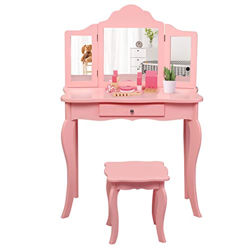 HONEY JOY Kids Vanity Set with Mirror, 2-in-1 Wooden Toddler Vanity Table with Stool, Tri-Folding Mirror & Drawer, Removable Top, Princess Pretend Play Beauty Makeup Vanity for Little Girls (White)