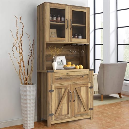 72 inch Tall Kitchen Pantry Cabinet Storage Hutch, Kitchen Cupboard with Countertop for Microwave, Coffee Bar, Free Standing Pantry with Doors for Living Room（2Pcs High + 1 Pcs Low Cabinet）