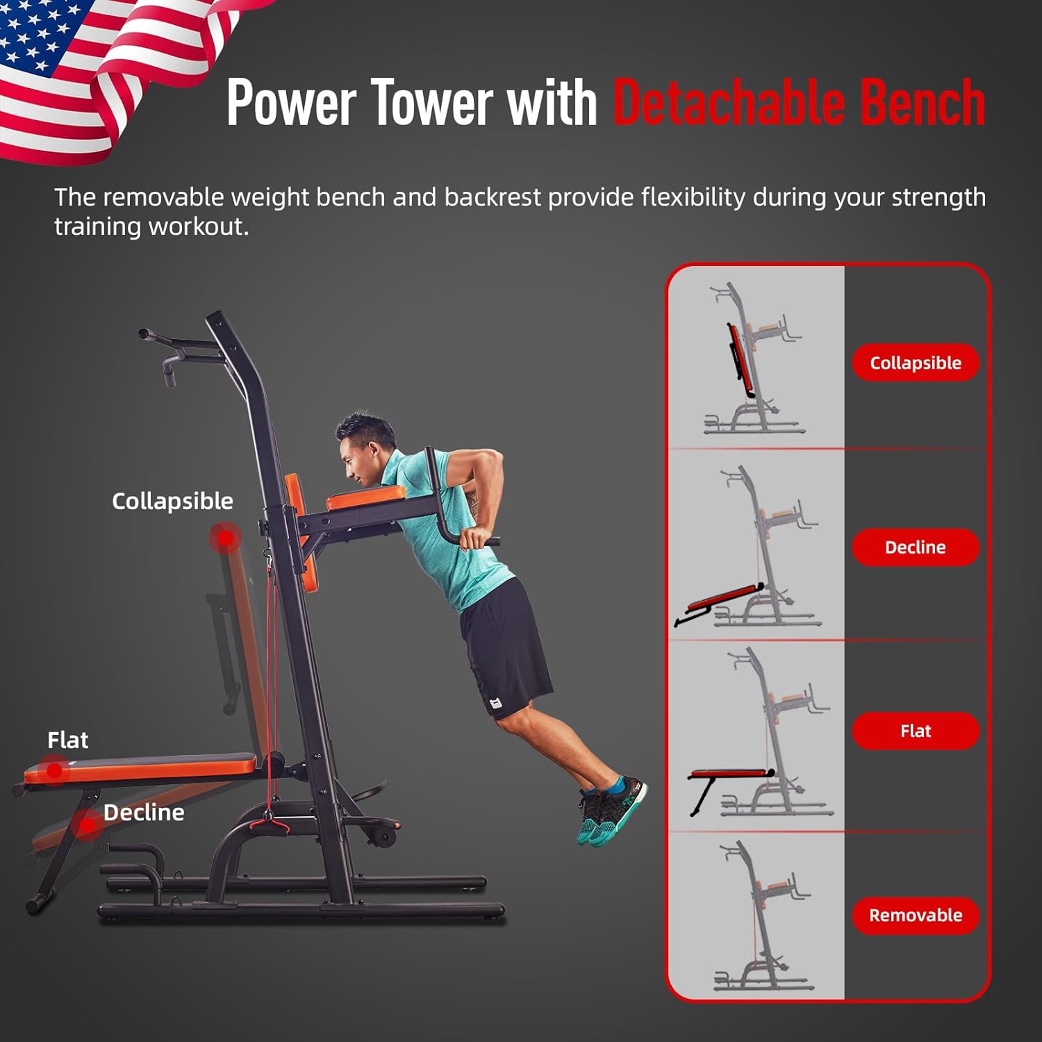 HARISON Multifunction Power Tower with Bench Pull Up Bar Dip Station for Home Gym Workout Strength Training Fitness Equipment