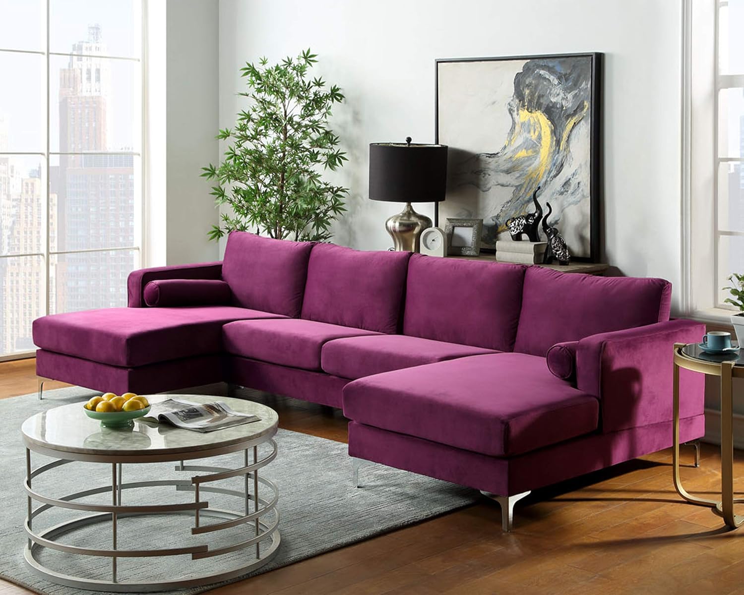 Harper&Bright Designs Sectional Sofa Set, Living Room Furniture Sofa Set, Modern Elegant Velvet Upholstered Couch with 2 Pillows (Purple)