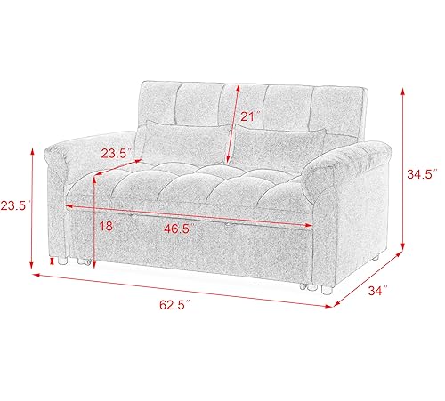 62 Inch Linen Futon Sofa Bed with Pull-out Bed, 3-in-1 Loveseat Sofa Couch with Adjustable Backrest and Lumbar Pillows, Convertible Sleeper Sofa Couch for Small Space Apartment Living Room, Grey
