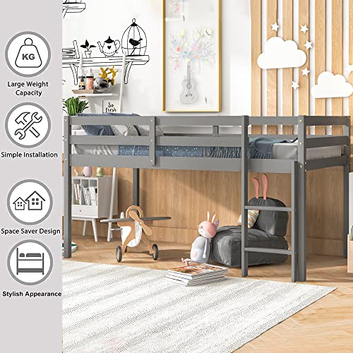 Loft Bed Twin,Loft Bed for Kids with Ladders and Guard Rails,Solid Wood and Sturdy Low Loft Bed Frame for Boys Girls and Junior,No Box Spring Needed,Easy to Assembly,Twin(Grey)