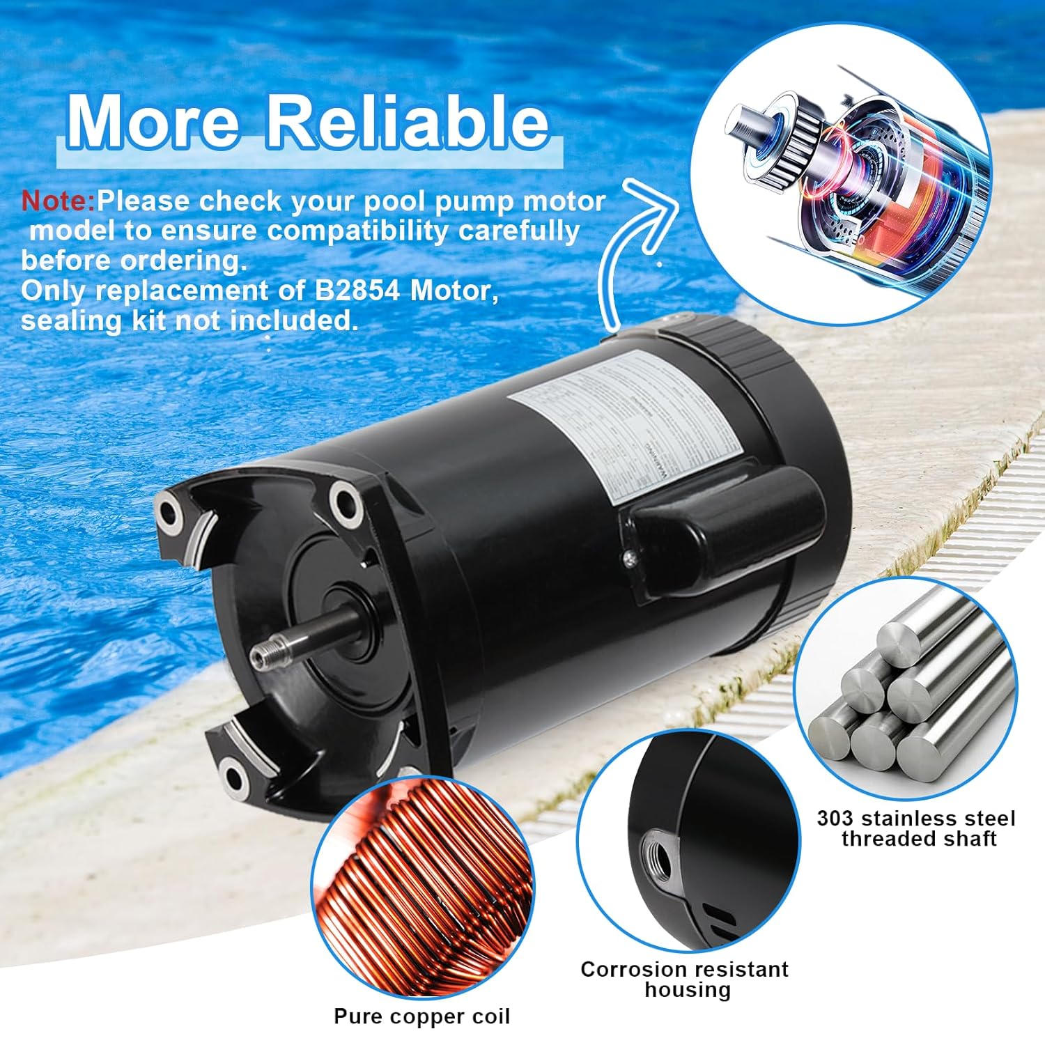 B2854 Pool Pump Motor 1.5 HP, 3450 RPM, 1.1 Service Factor, 8.0/16.0 Amps, 56Y Frame, Compatible with Century ?B2854 ?B854, Only Replacement Motor, Sealing Kit Not Included.