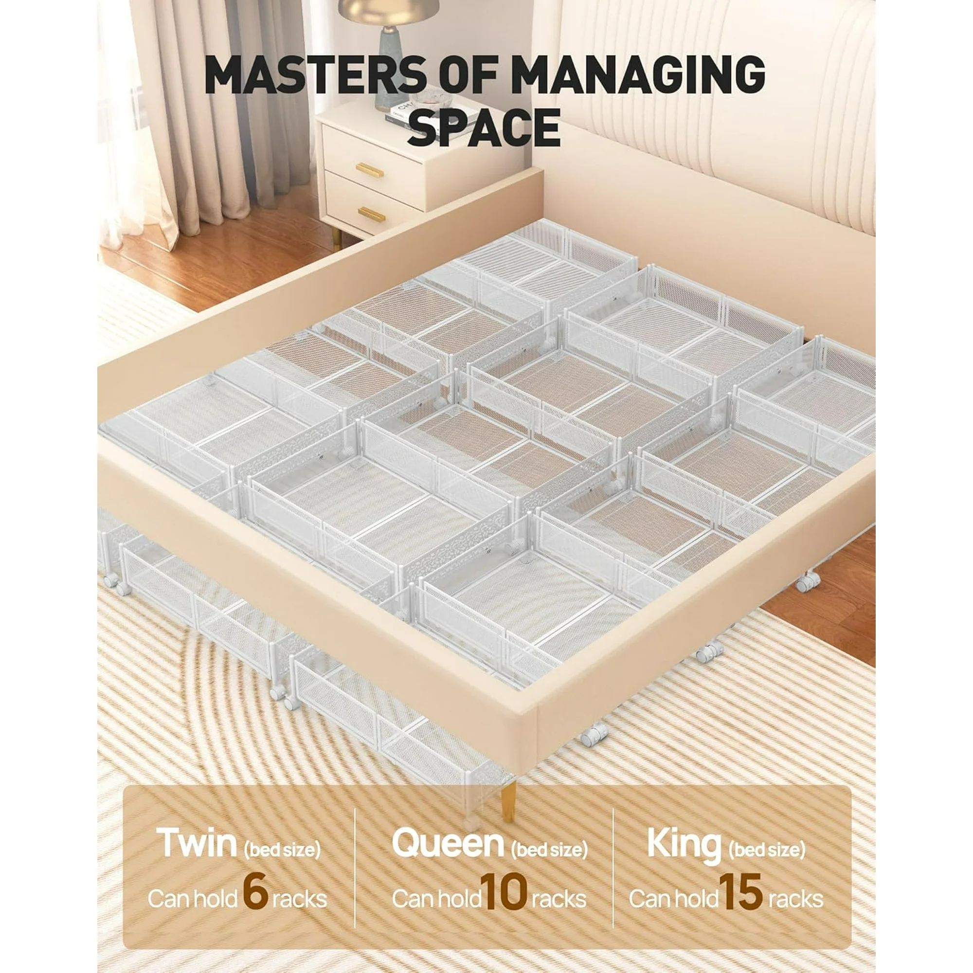 Under Bed Storage with Wheels, 2 Pack Foldable Metal Under Bed Storage Containers, 60L Rolling Underbed Storage, Easy Assembly Under The Bed Storage for Bedroom Clothes Shoes Blankets