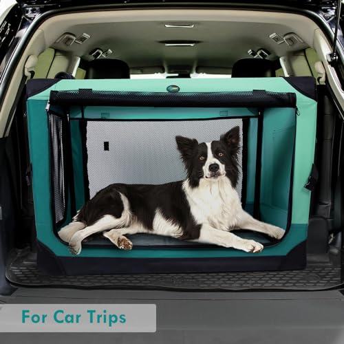 Ownpets Collapsible Dog Crate, 42 inch Portable Travel Dog Crate for Large Dogs, 4-Door Foldable Pet Kennel with Durable Mesh Windows & Double-Sided Soft Mat