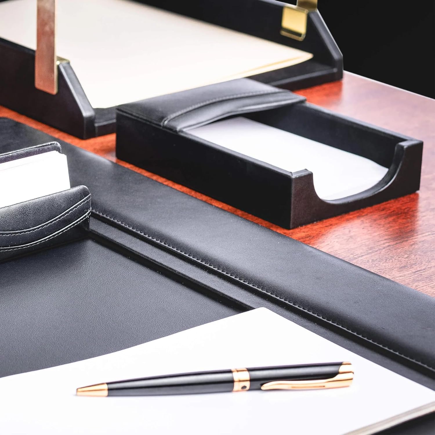 DACASSO Black Leather 11-Piece Desk Set - Luxury Leather Desk Pad & Desk Organization Essentials - Office Organization & Executive Desk Decor - (Gold Accent)