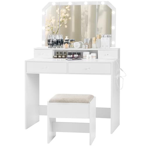 Quimoo Vanity Desk Set with LED Tri-Fold Lighted Mirror & Power Outlet, Makeup Vanity Table with 4 Drawers, Cushioned Stool, for Bedroom, Bathroom, White