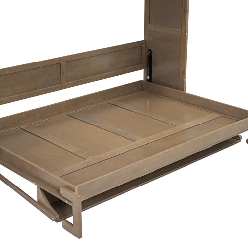 Full Size Murphy Bed with Wardrobe, Solid Wood Wall Bed with Drawers and Open Shelves, Muti-Functional Platform Bed Frame for Kids Teens Adult Bedroom, Space Saving Design (Antique Grey)