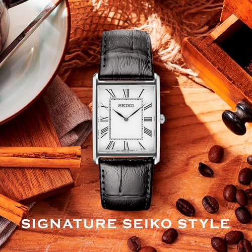 SEIKO Essentials Watch for Men - Essentials - Water Resistant with Stainless Steel Rectangular Case and Leather Strap