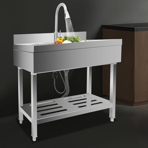 Stainless Steel Kitchen Sink 50L Freestanding Single Bowl Utility Sink with Cold and Hot Water Pipe and Pull-Out Faucet Utility Washing Hand Basin with Storage Shelf Laundry Tub for Indoor Outdoor