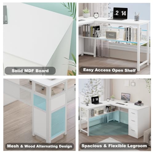 LVB Reversible Gray L Shaped Corner Desk, Farmhouse Wood Computer Desk with File Drawers Cabinets, Large Work Study Executive Home Office Desk with Storage Shelves for Bedroom, Light Grey Oak, 59 Inch