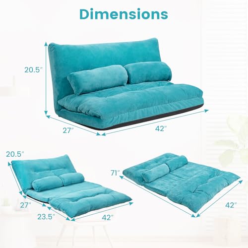 KOMFOTT Foldable Floor Lazy Sofa with 2 Pillows, 6-Position Adjustable Reclining Sofa Sleeper Bed, Convertible Futon Couch Bed, Floor Couch Lounge for Relaxing, Reading, Playing, Gaming (Beige)